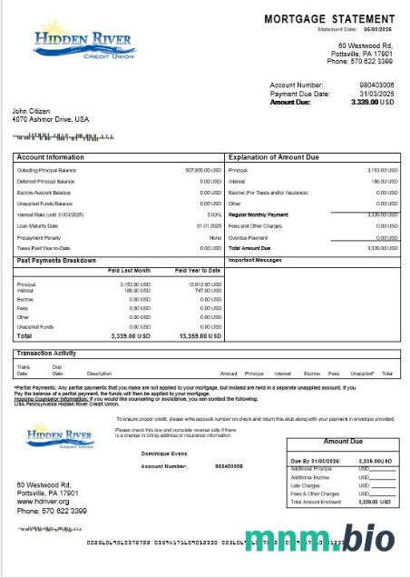 USA Pensylwania Hidden River Credit Union wyciąg z kredytu hipotecznego w formatach Word i PDF